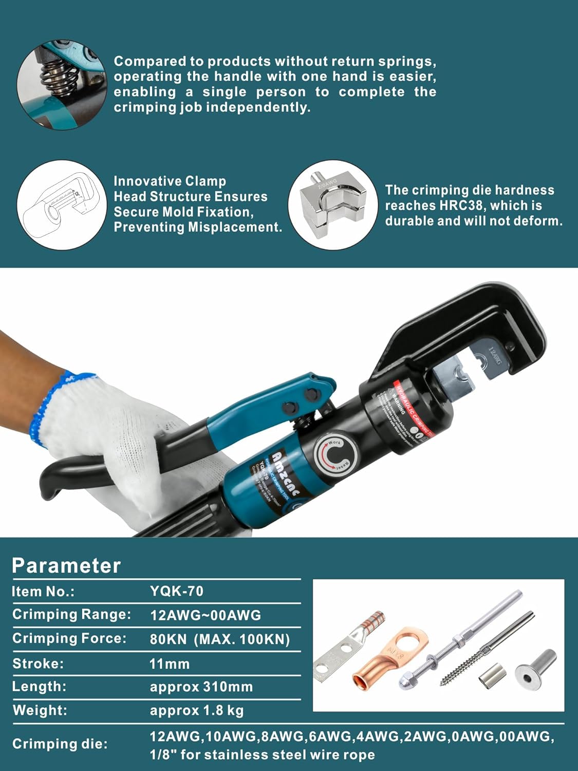 Hydraulic Crimping Tool 12 AWG–2/0 AWG with Dies