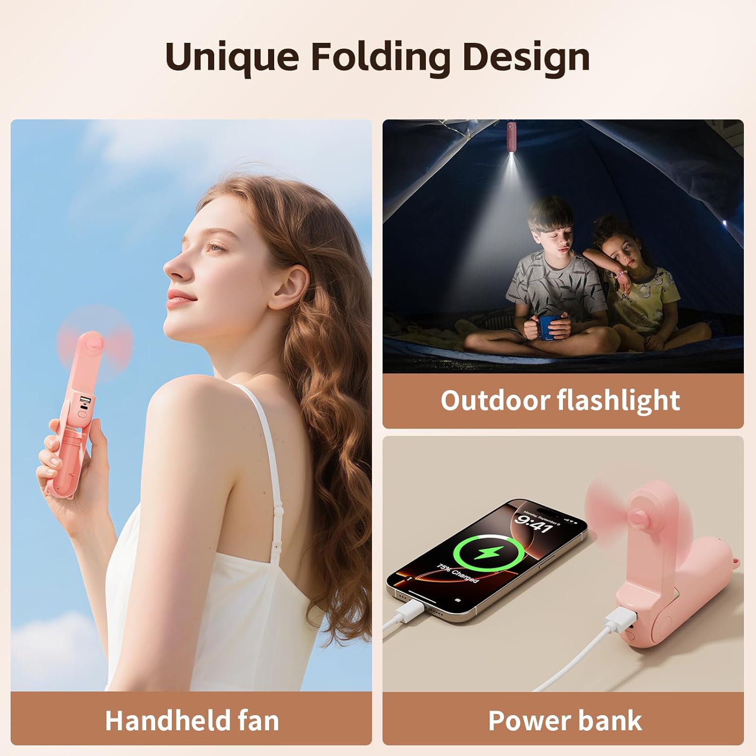 Mini Handheld Fan,USB Rechargeable 3 IN 1 Personal Cooler Fans with Power Bank,LED Flashlight,Small Foldable Pocket Fan-Travel & Emergency Essentials for Outdoor Portable Cooling Fan (Pink)