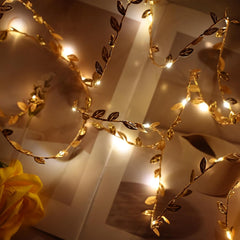 2 Pack 9.8ft Vine Fairy String Lights – 20 LED Ivy Lights with Artificial Leaf Plants, Battery Operated, Golden for Indoor, Home, Bedroom, Wedding, and Party Decor