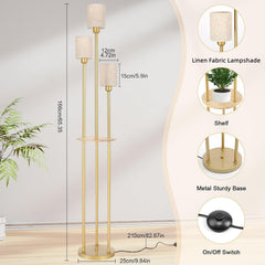 Gold floor lamp with linen fabric lampshade, shelf, metal sturdy base, and on/off switch, with measurements and details.