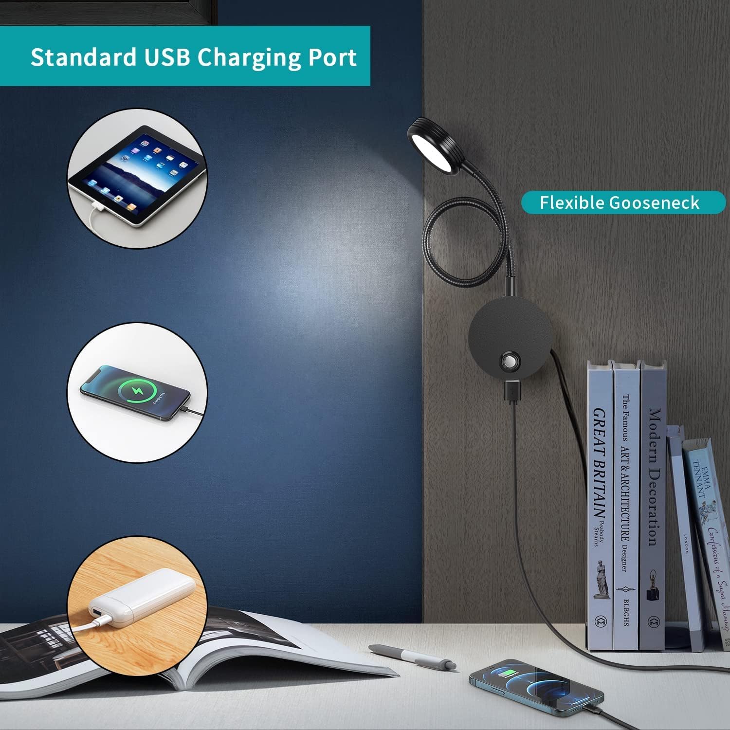 LED Wall Reading Light with Touch Control, USB Charging, 3000-6000K, B ...