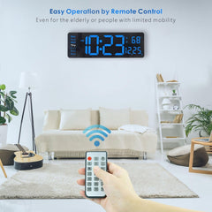 “16'' Digital LED Wall Clock – Remote, Big Digits, Auto-Dimming, 2 Alarms, Temp