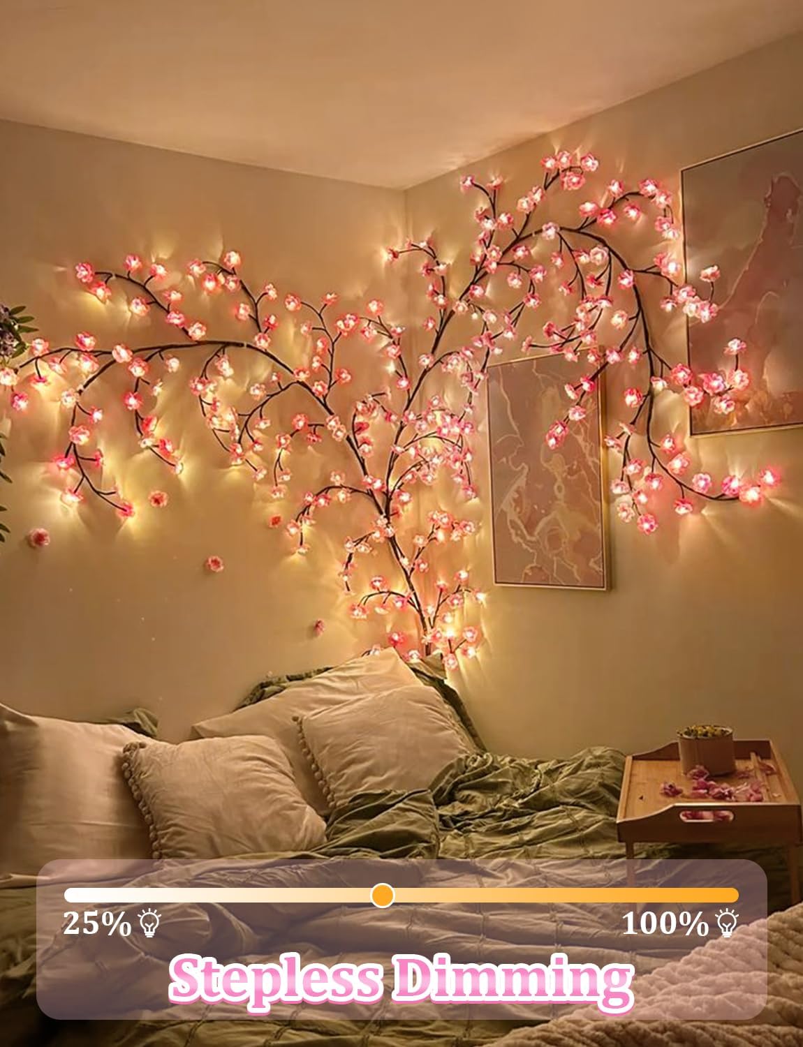 LED Cherry Blossom Vine Wall Lights with Remote and Timer, 144 LED Fairy Branch Lights for Bedroom Wall Art and Indoor Christmas Décor