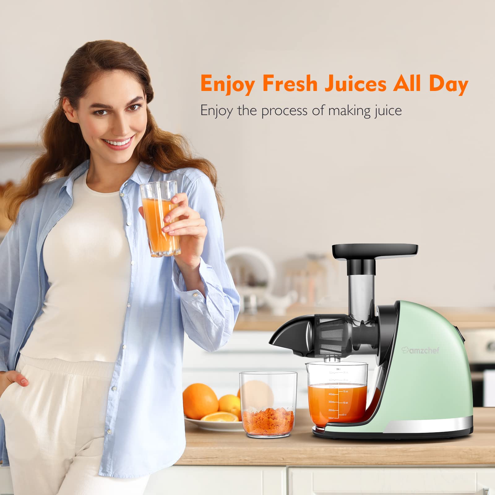 AMZCHEF Juicer Machines - Cold Press Slow Juicer - Masticating Juicer for Whole Fruits and Vegetables - Delicate Chew No Need to Filter - BPA Free Juice Extractor with 2 Cups and Brush - Black