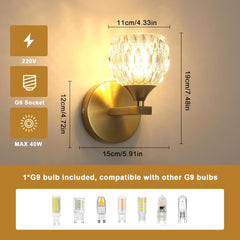 Modern Glass Wall Light, Indoor Wall Lamp with G9 Bulb 3000K/4500K/6500K, Gold Wall Sconce Lighting for Bedroom, Living Room, Corridor, and Staircase
