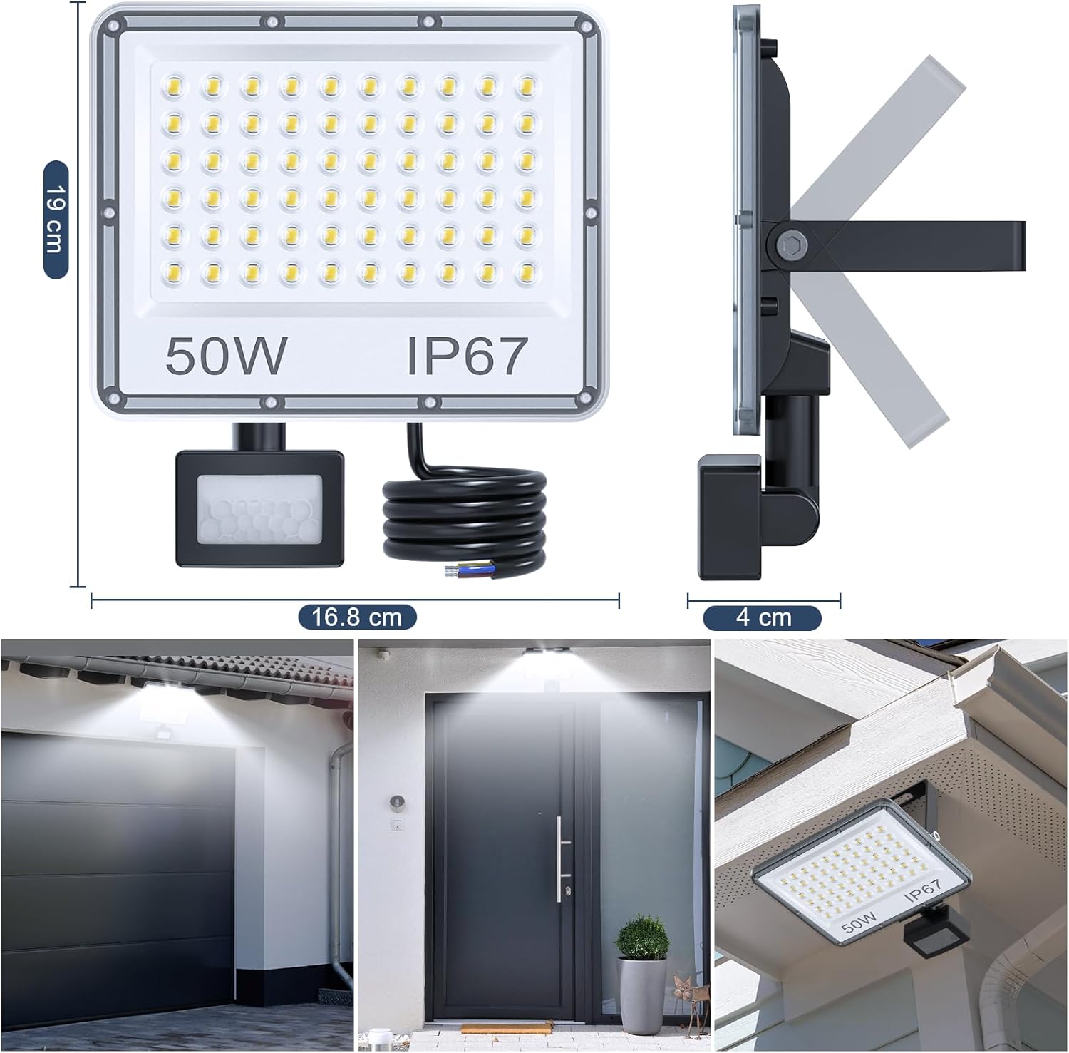 50W Outdoor Security Lights Motion Sensor, 5000LM LED Floodlight IP67