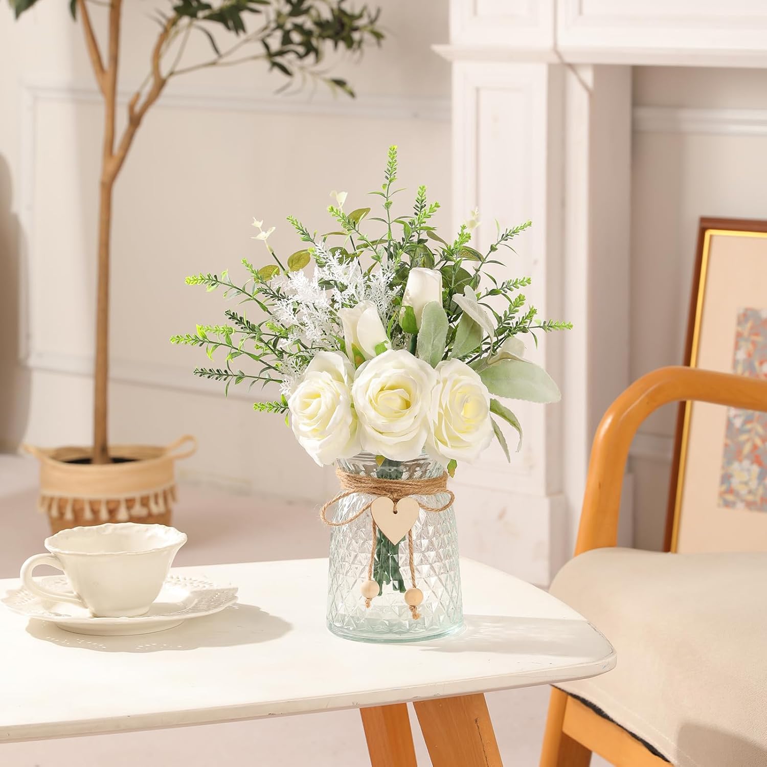 Floralsecret White Rose Faux Flowers with Vase – Artificial Floral Arrangement Décor
