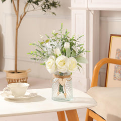Floralsecret White Rose Faux Flowers with Vase – Artificial Floral Arrangement Décor