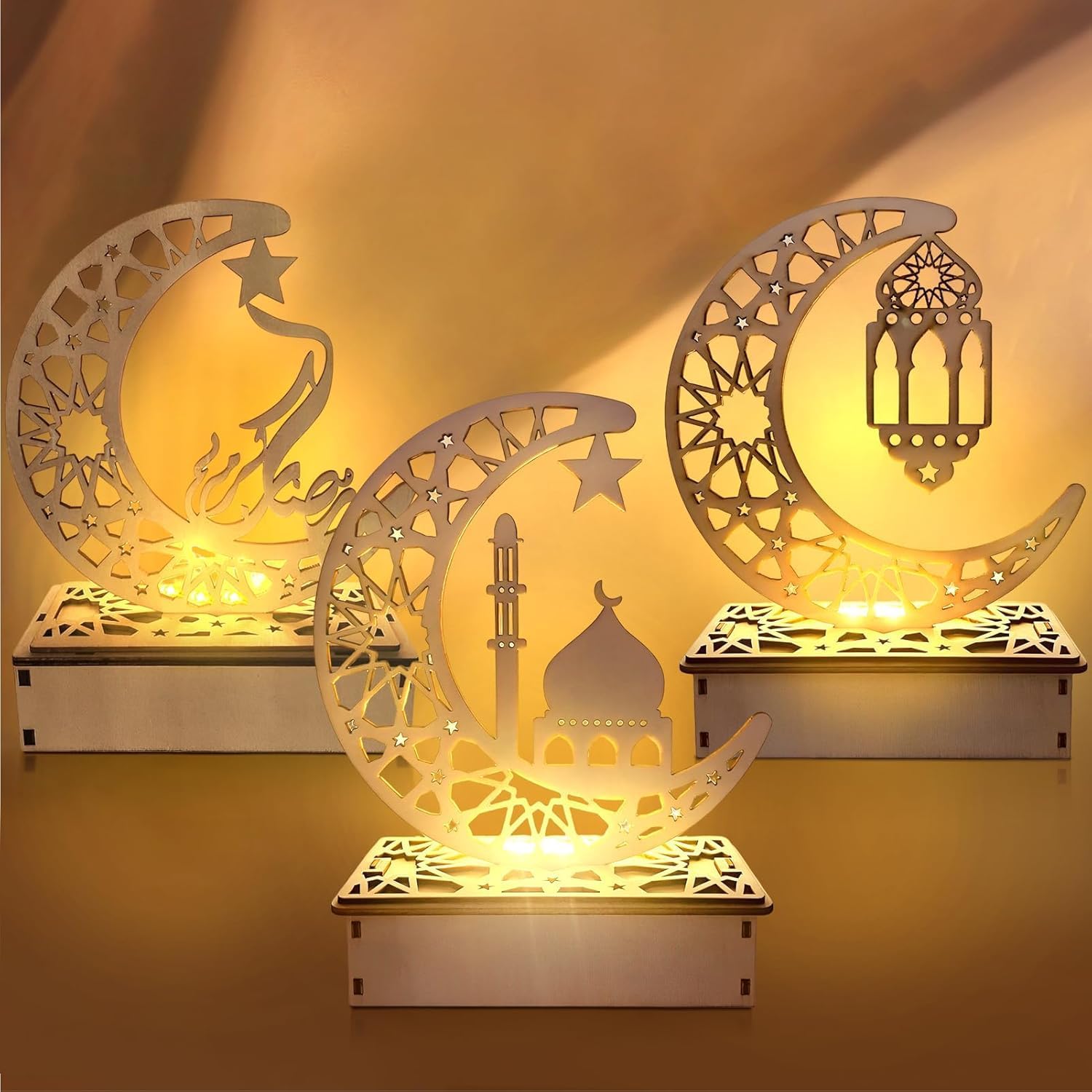 Wooden Ramadan Crescent Moon LED Table Light, Battery Powered Eid Decorative Lamp for Home & Festive Display