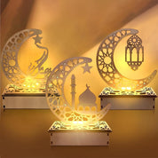 Wooden Ramadan Crescent Moon LED Table Light, Battery Powered Eid Decorative Lamp for Home & Festive Display