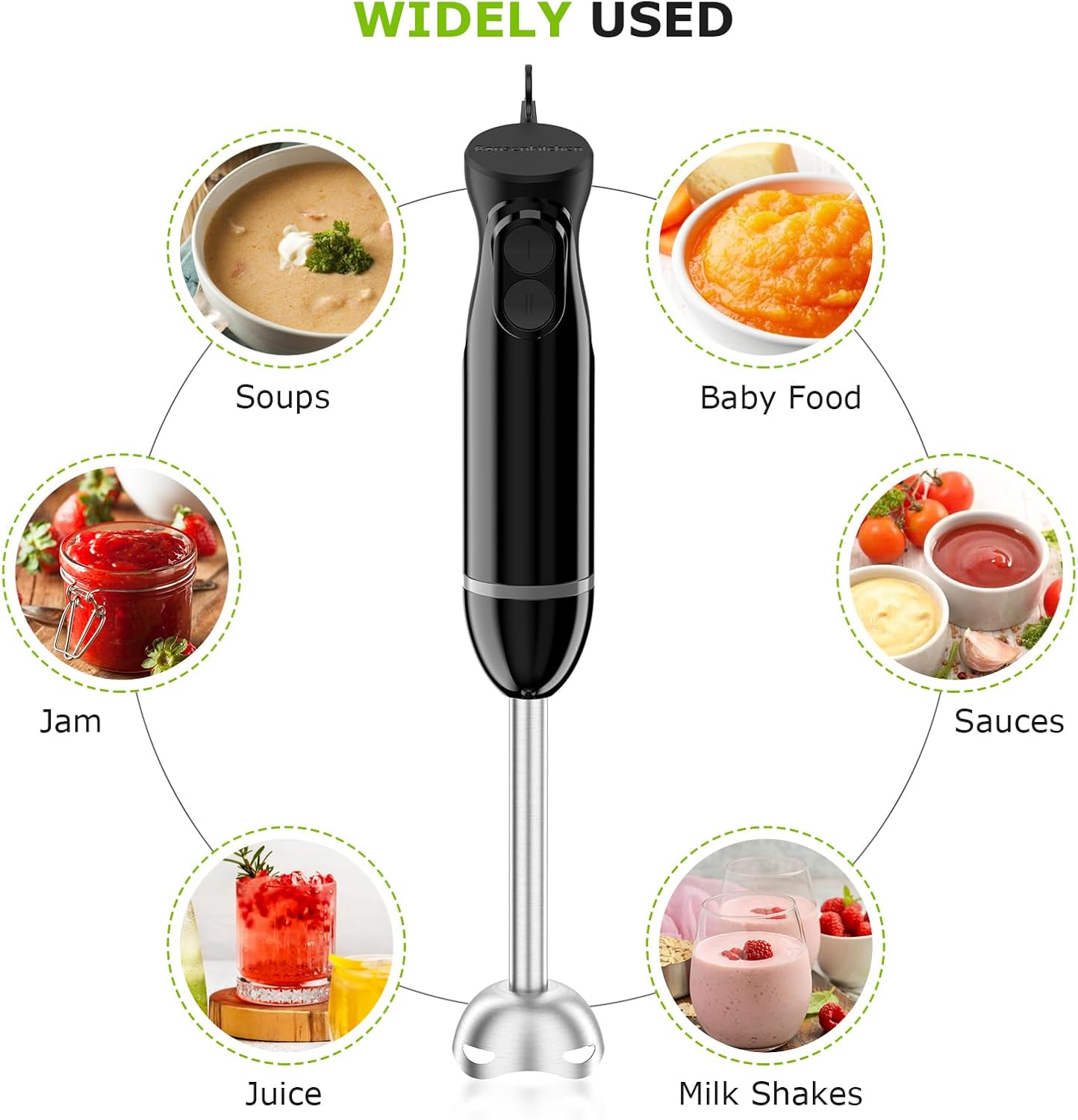 Hand Blender - 2 Speed Immersion Stick Blender | Electric Handheld with Stainless Steel Blade for Soups, Sauces & Baby Food - Black HB3201