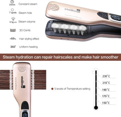 Professional Steam Hair Straightener Flat Iron with Anti-Scald Comb, Adjustable Temp & Auto Shut-Off