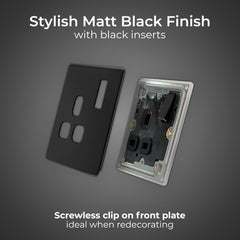 BG Electrical Single Switched Power Plug Wall Socket, Screwless Front Plate, Slim Profile, Premium Flatplate, Matt Black, 13A, FFB21B