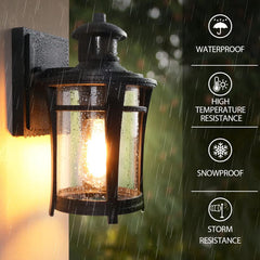 Outdoor wall light fixture on a rain-soaked surface with waterproof features highlighted.