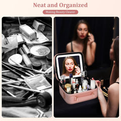 Makeup Organizer with LED Mirror, Stepless Dimmable Light, Travel Cosmetic Bag – Black