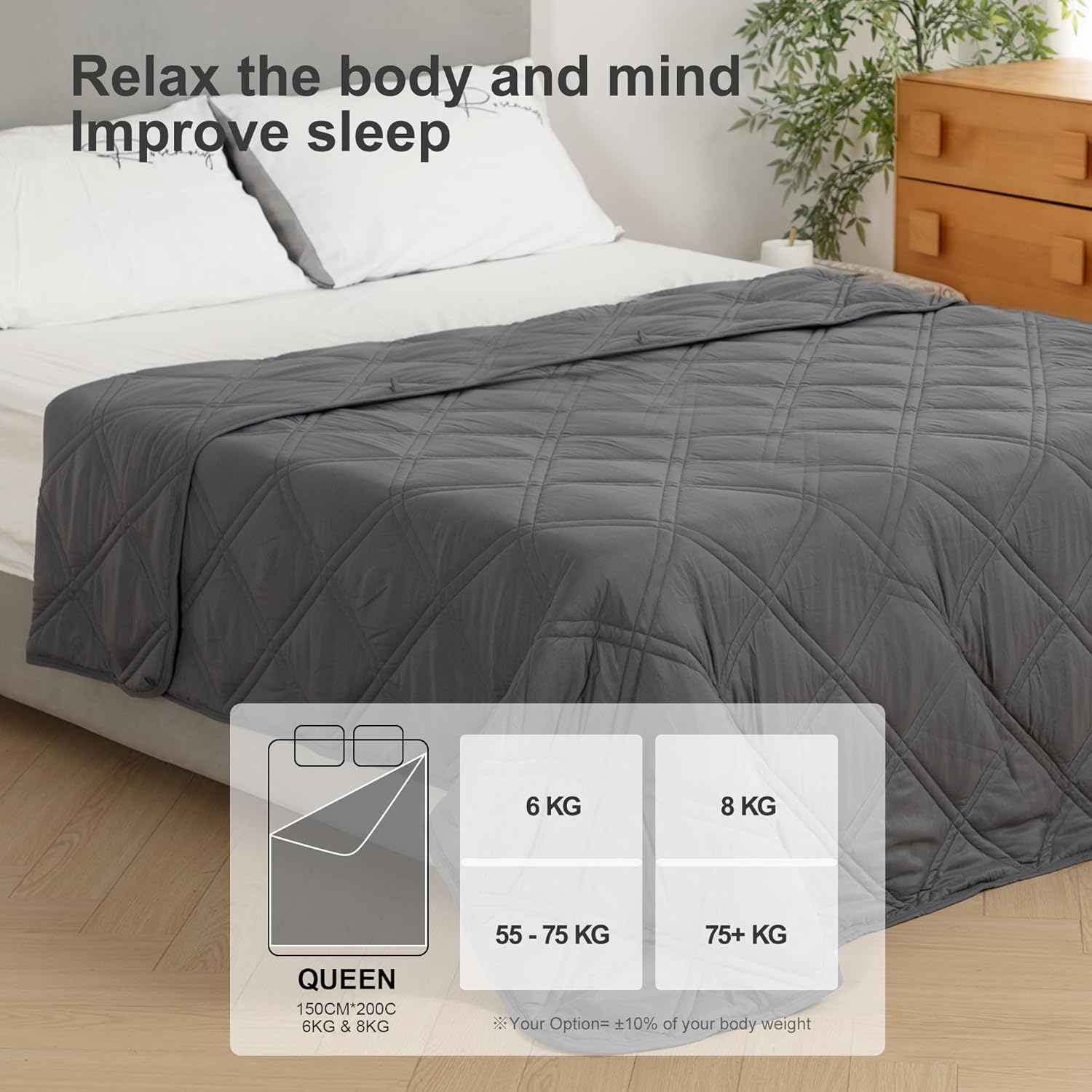 Winthome 8kg Weighted Blanket – Grey Double/Queen Size, Stress & Anxiety Relief, 150x200cm