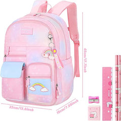 Girls’ School Backpack with Stationery Set – Lightweight Pink Bag for Ages 8–10