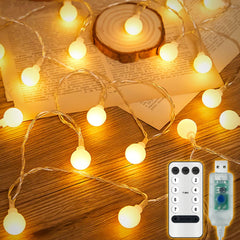 LED Globe Fairy Lights, 32.8ft/10m 80 LED Bulb Globe Fairy Lights 8 Modes, USB LED Ball Lights, IP67 Waterproof, Warm White Fairy Lights with Remote Control, Christmas Lights, Party Decoration