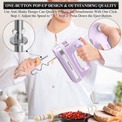 Hand Electric Mixer 300W – 5-Speed Handheld Blender with Turbo & 5 Stainless Steel Attachments for Baking – Purple