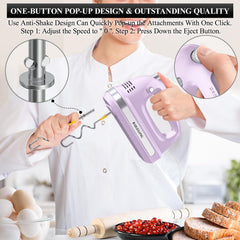 Hand Electric Mixer 300W – 5-Speed Handheld Blender with Turbo & 5 Stainless Steel Attachments for Baking – Purple