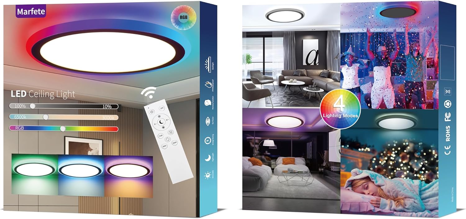 Modern Ultra-Thin 13" LED Ceiling Light, Dimmable RGB with Remote, 30W Flush Mount, 3000-6500K Sidelight Glow