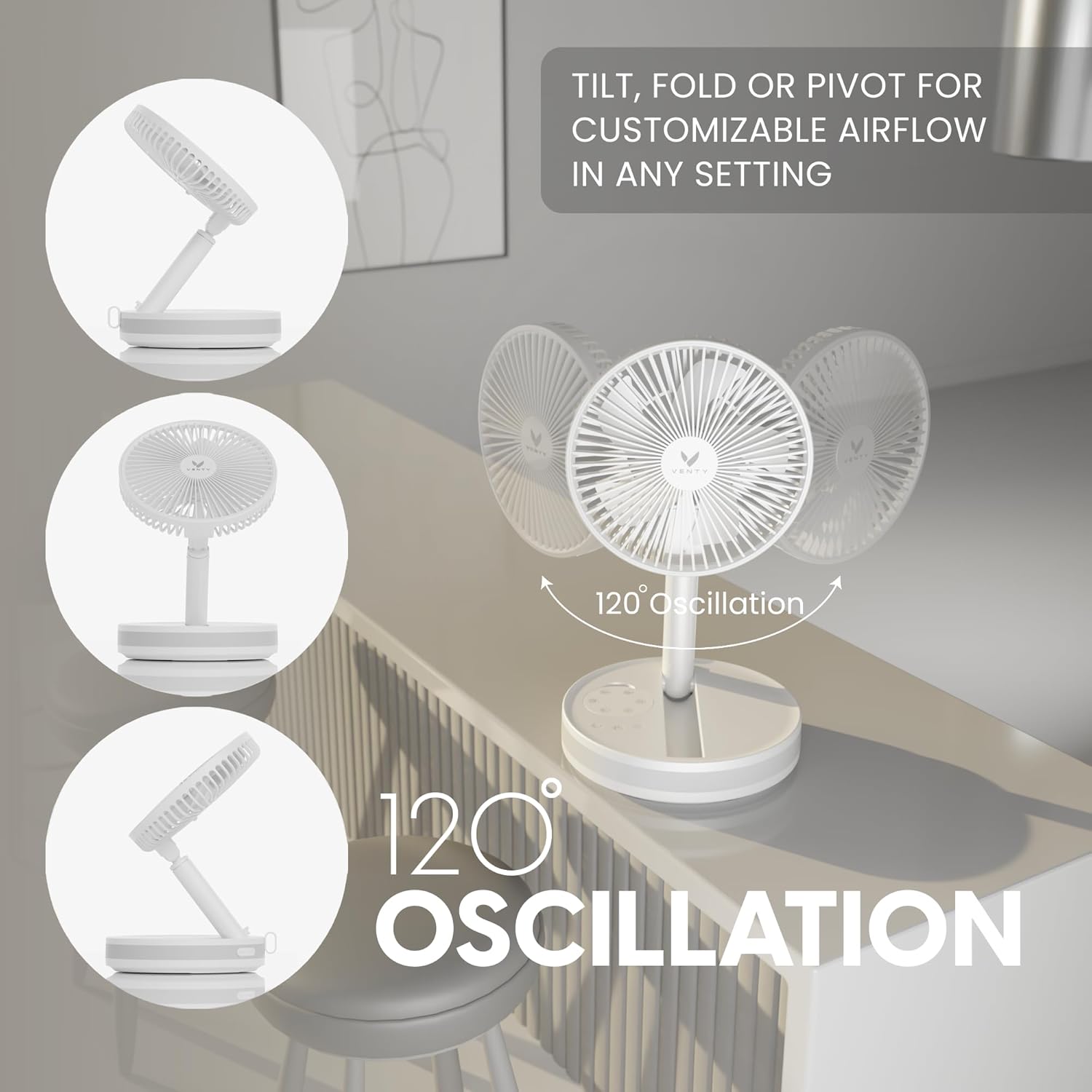 VENTY Portable Fan - Wireless Battery Operated, 48HR Run Time 16000MAH Battery, Oscillating Rechargeable Fans, Remote Control & LED Lighting, Folding Telescopic Camping Fan (White with Case)