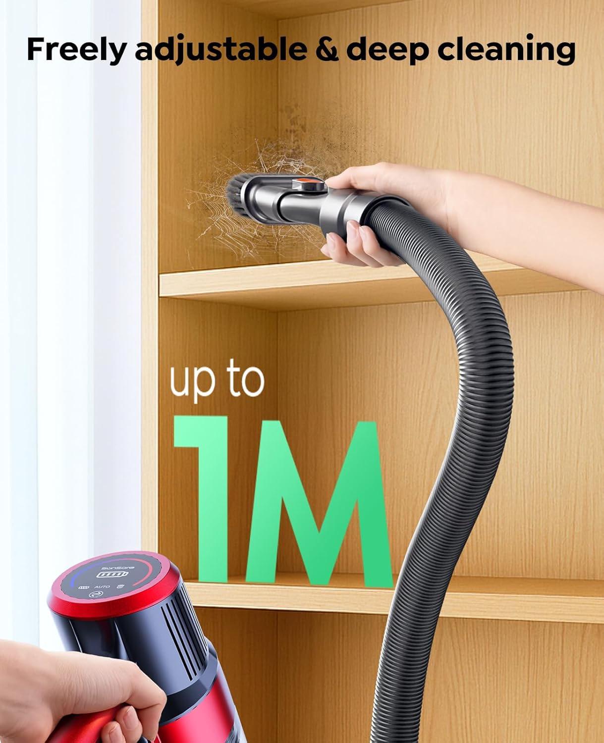 SunSare Cordless Vacuum Cleaner 600W/50KPa Powerful Suction, 65Mins Runtime with Touchscreen AUTO Mode, 1M Hose, Anti-Tangle, Self-Standing & Wall-Mounted Stick Vacuum for Carpet, Floor & Pet Hair