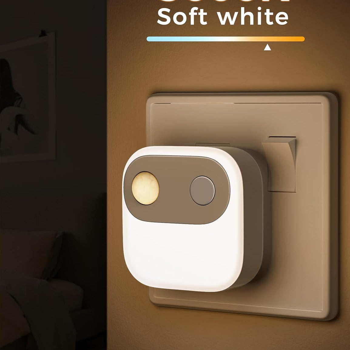 Light bulb with 3000K soft white label on a wall socket