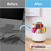 360° Rotating Desk Organizer with 5 Compartments – White Pen & Pencil Holder Caddy
