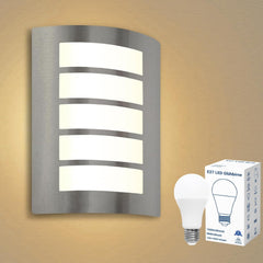 Wall-mounted light fixture with a LED bulb and packaging on a beige background