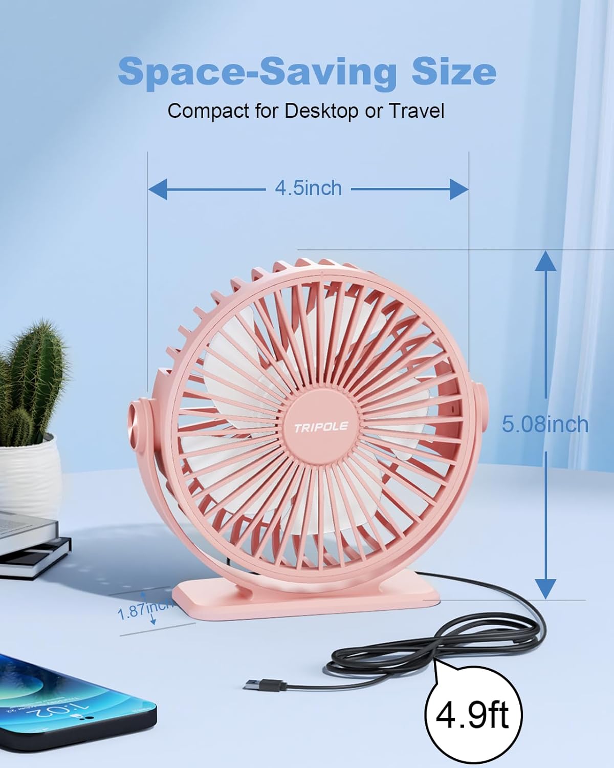 TriPole Desk Fan for Home, Portable USB Handheld Fan 3 Speeds Powerful Table Fan Silent, 360°Adjustable Mini Cooling Fans, Electric small Desktop Quiet Fans for Bedroom, Office, Library, Travel,Pink