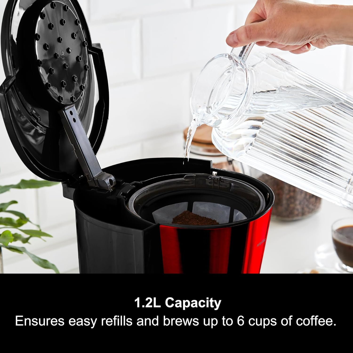 Filter Coffee Machine with Pour Over Technology, 10 Cup Capacity, Aroma Blender, Fast Brew, Anti Drip, Keep Warm Function, Easy Clean Reusable Filter, Red & Black
