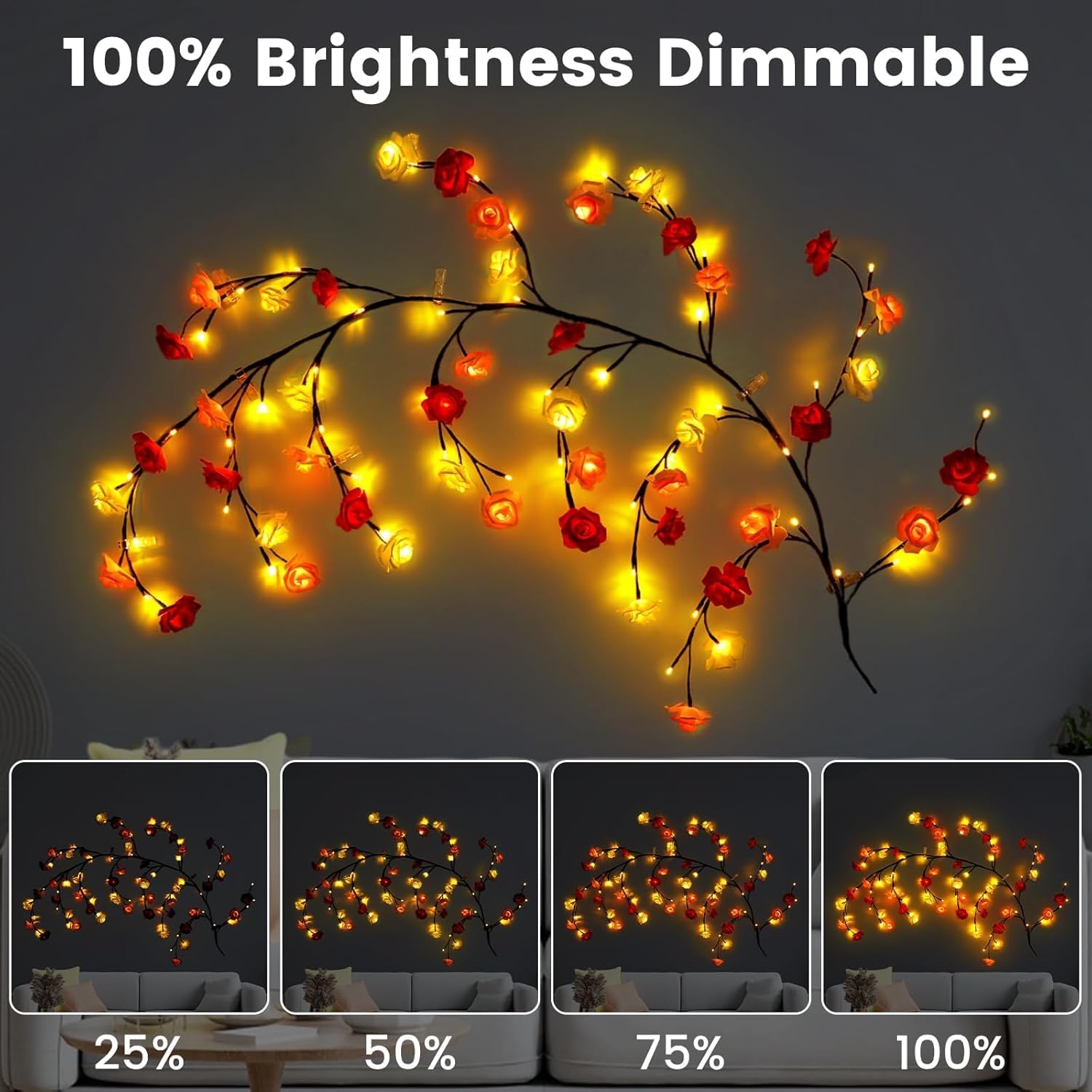 Rose LED Vine Wall Lights with Remote and Timer, 48 LED Fairy Branch Lights for Bedroom Wall Art and Indoor Décor