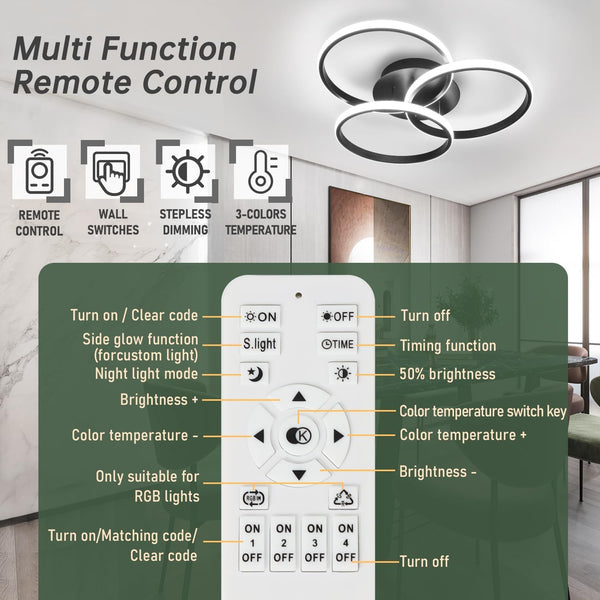 Modern Black LED Ceiling Light 48cm 45W Dimmable Round with Remote ...