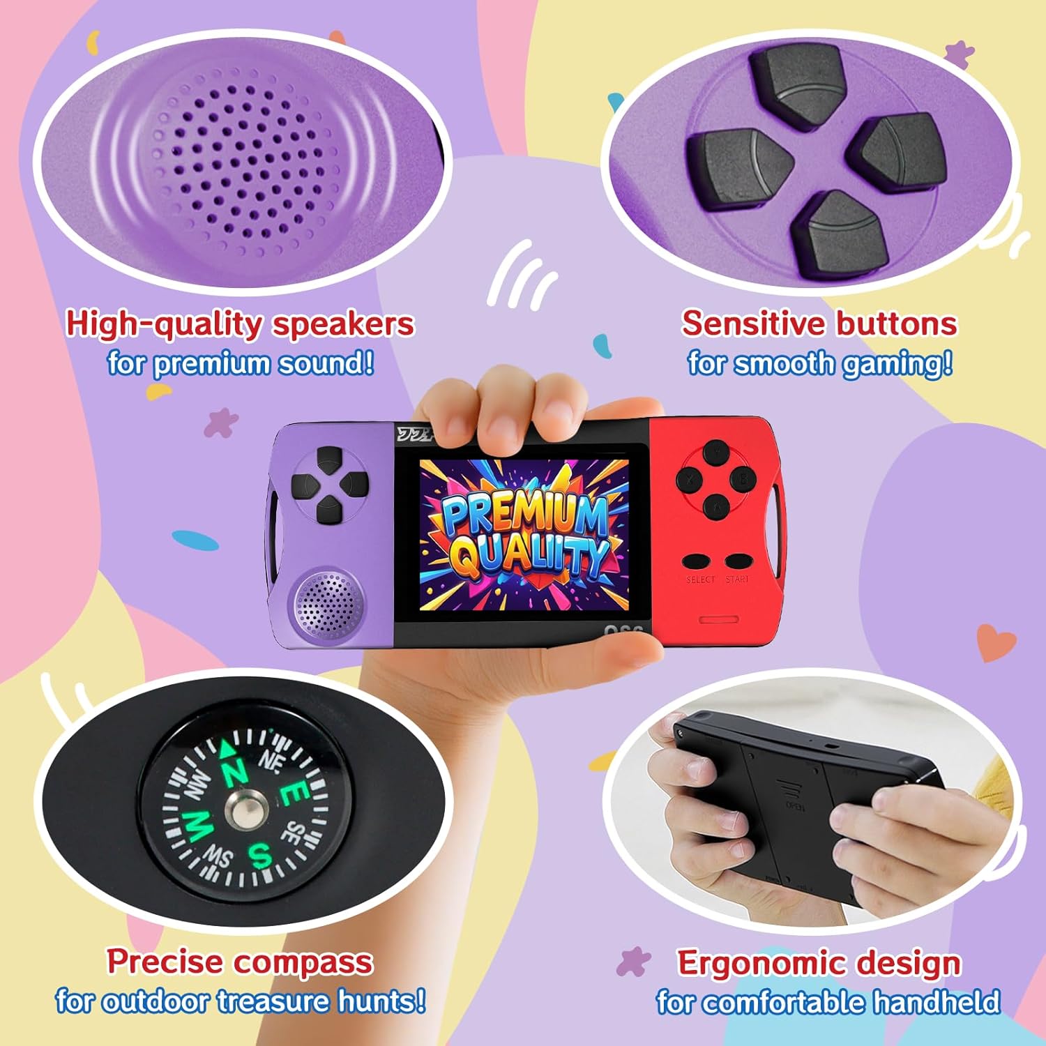 16-Bit Handheld Game Console – 216 Retro Games, 3.2" IPS Screen, Rechargeable for Kids