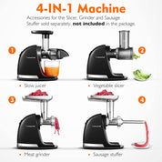 AMZCHEF Juicer Machines - Cold Press Slow Juicer - Masticating Juicer for Whole Fruits and Vegetables - Delicate Chew No Need to Filter - BPA Free Juice Extractor with 2 Cups and Brush - Black
