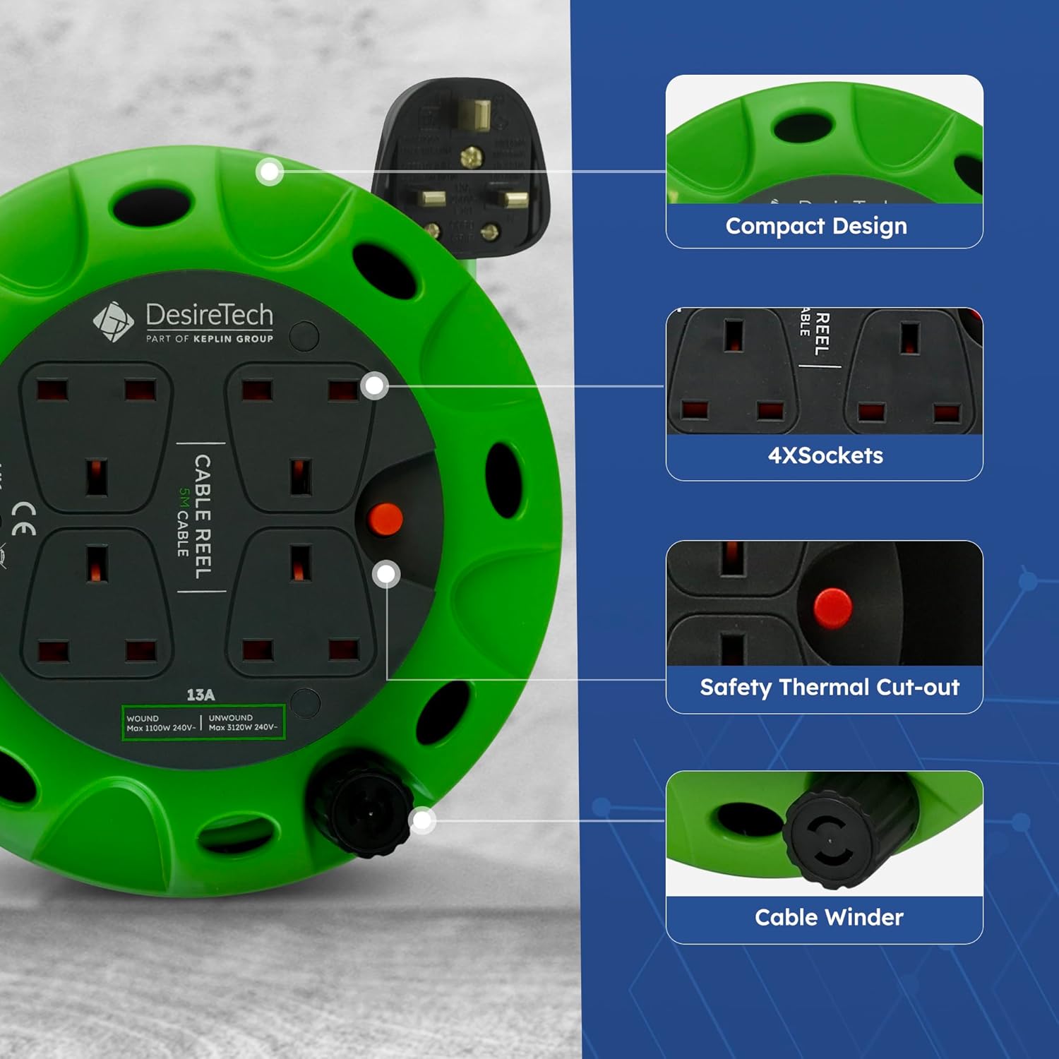 4-Socket 5M Cable Reel Extension Lead, Heavy Duty with Thermal Cut-Out – Green/Black