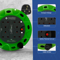4-Socket 5M Cable Reel Extension Lead, Heavy Duty with Thermal Cut-Out – Green/Black