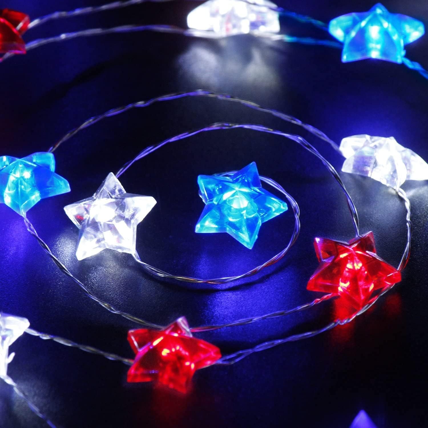 20 LED Red, White, Blue Double-Star String Lights – 9.8ft Battery Powered Fairy Lights for Bedroom, Indoor/Outdoor, Wedding, Nursery, and Christmas Decor (S-Star)