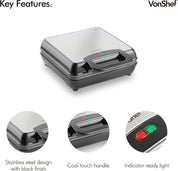 Large 4-Slice Waffle Maker – 1100W Belgian & American Waffles, Non-Stick Plates, Cool Touch Handle, Silver, Easy Clean