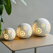 Set of 3 Ceramic Floral Carved Battery Powered Lantern Lamps, Cordless Decorative Table Lights for Living Room, Bedroom, Weddings, Parties & Outdoor Decor (Round)