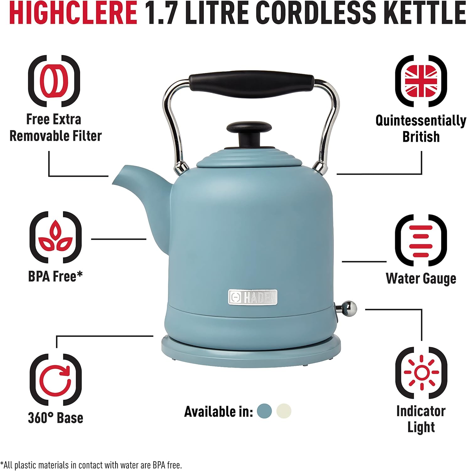 Highclere 1.5L Electric Kettle - 3000W Fast Boil, Cordless, 360° Swivel Base, Stainless Steel, Lightweight & Easy to Clean