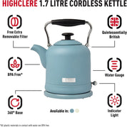Highclere 1.5L Electric Kettle - 3000W Fast Boil, Cordless, 360° Swivel Base, Stainless Steel, Lightweight & Easy to Clean