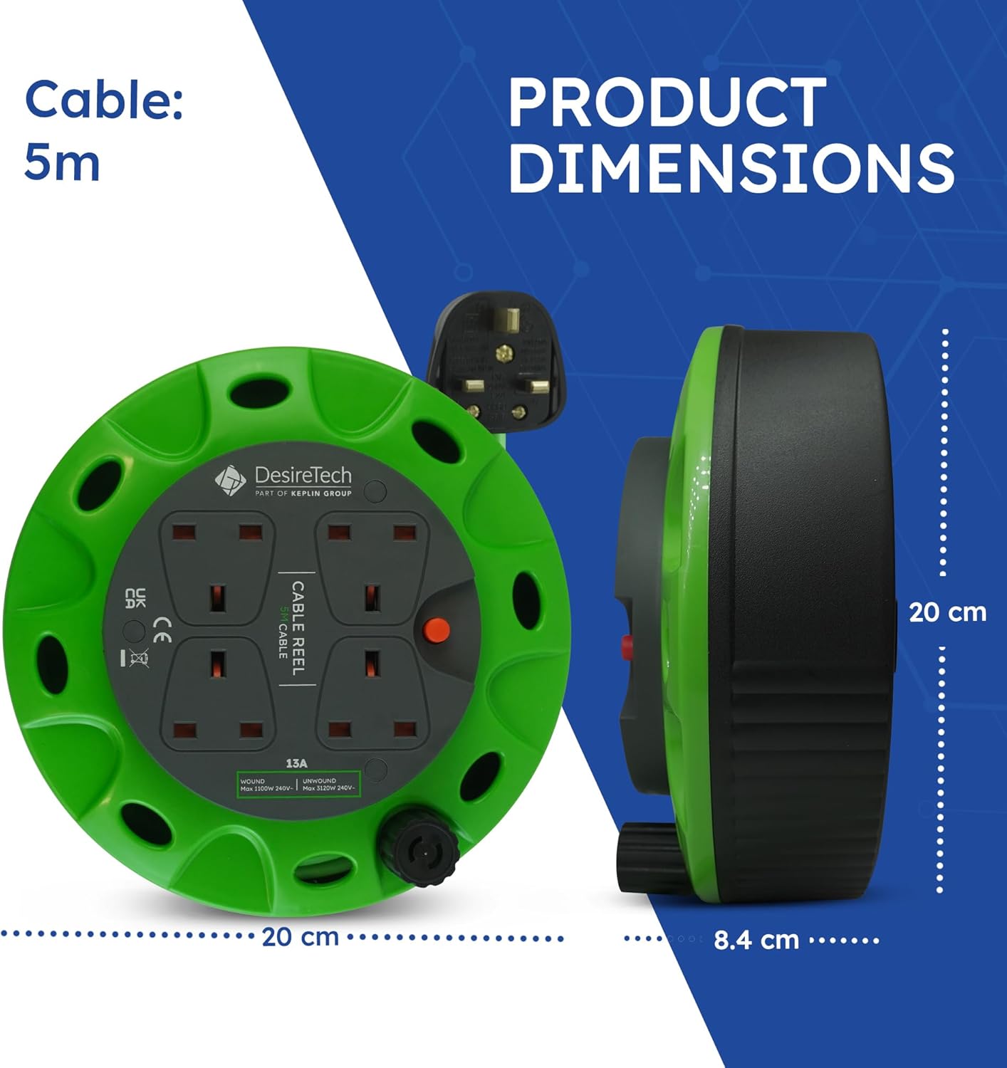 4-Socket 5M Cable Reel Extension Lead, Heavy Duty with Thermal Cut-Out – Green/Black