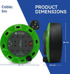 4-Socket 5M Cable Reel Extension Lead, Heavy Duty with Thermal Cut-Out – Green/Black