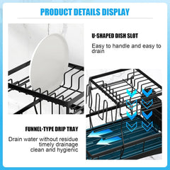 7 Code 2-Tier Large Dish Drying Rack – Black Detachable Drainer with Utensil Holder