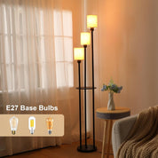 Two floor lamps with E27 base bulbs labeled in a living room setting.