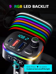 Bluetooth 5.3 FM Transmitter Car Adapter – QC3.0 & PD 18W Charger with RGB Lights