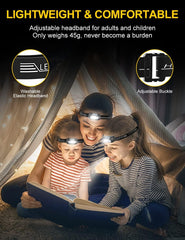 Family reading a book together with headlamps, emphasizing lightweight and comfortable design.