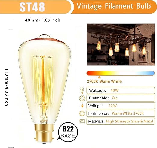 B22 ST48 Bayonet Retro Filament Light Bulbs, 40W Dimmable, Warm White 2700K, Industrial Style Antique Bulb, Amber Retro Energy Saving Decorative Bulbs, 3 Pack. [Energy Class F]